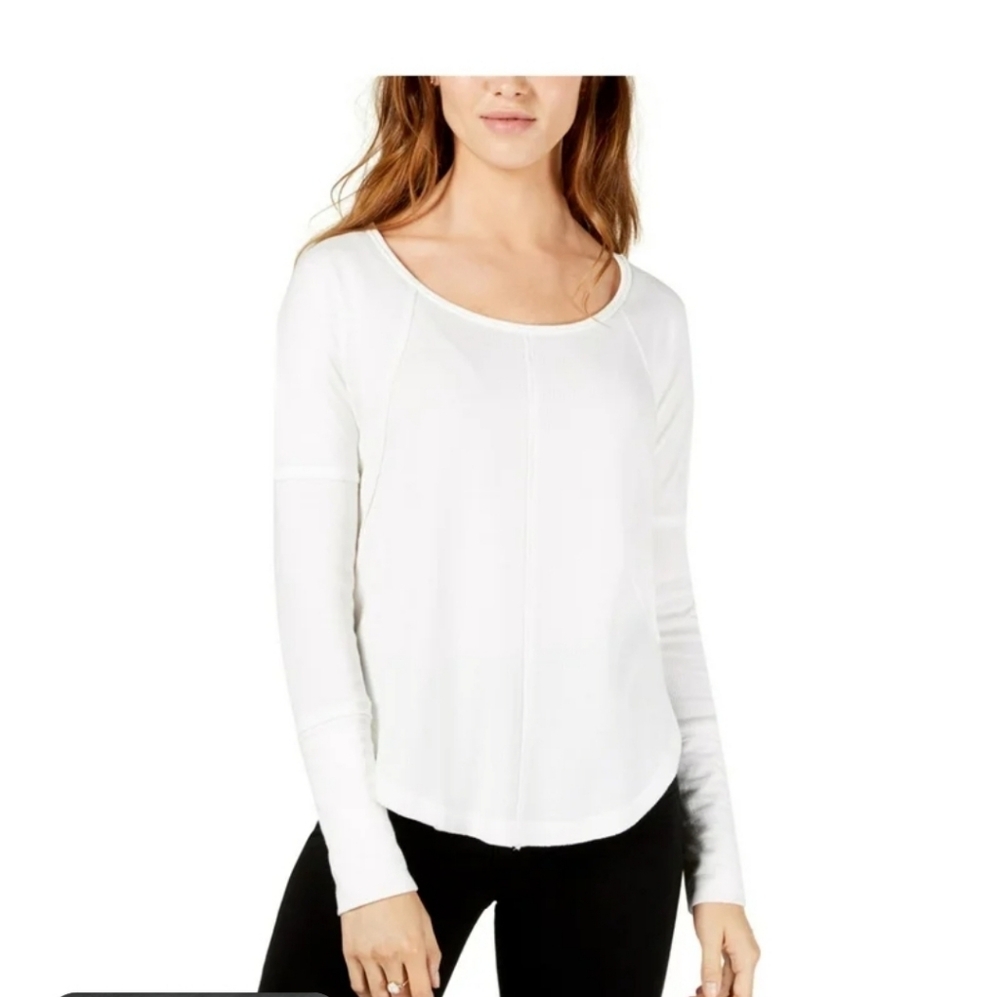 Lucky Brand Hi‎ Low Large Waffle Knit   Long Sleeve Thermal Scoop Neck White Top